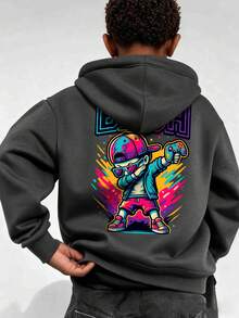 1件装男童休闲印花套头卫衣，保暖内衬，长袖，秋冬季 - 深灰色 - 查看 3