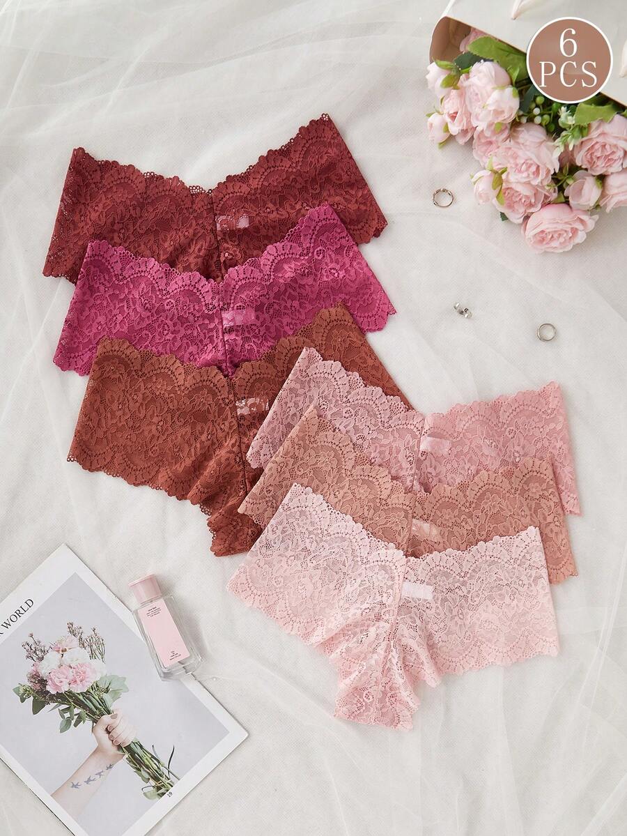 Conjunto de 6 tangas transparentes de unicolor y encaje sexy para mujeres