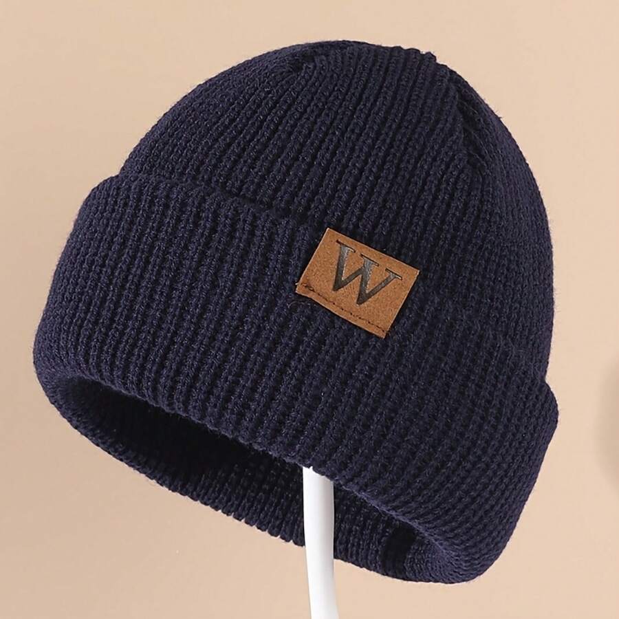 W Letter Knitted Hat - Navy Blue Soft Elastic 100% Acrylic College Style Casual Winter Unisex, Hand Washable - trắng - Xem 1