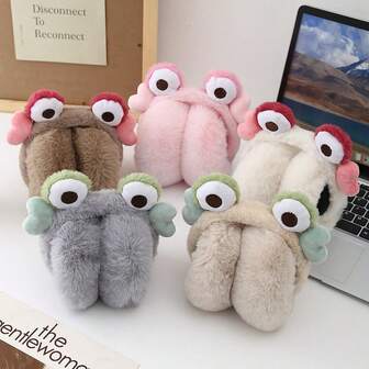 1个可折叠卡通青蛙耳罩，可爱女士耳罩，毛绒耳套，冬季保暖耳罩