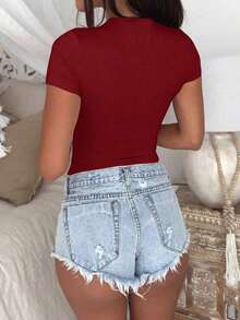 Women's Solid Color Short Sleeve Crew Neck Crop Slim-Fit Top T-Shirt In Burgundy Christmas New Year Thanksgiving - Red - View 5