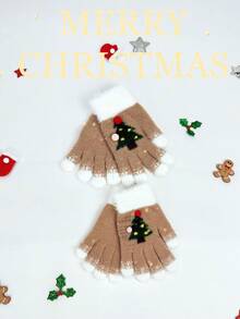 Guanti invernali imbottiti a maglia con motivo natalizio di albero di Natale e fiocchi di neve, adatti per outfit e decorazioni familiari durante le vacanze