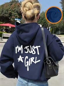 少女款“我只是个女孩”标语印花休闲保暖连帽卫衣，温暖舒适，秋冬上衣