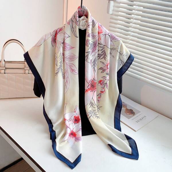 1pc 110*110cm Herringbone Vintage Floral Print Square Scarf, Retro Elegant Large Shawl For Women, Premium Textured Versatile Fashion Accessory