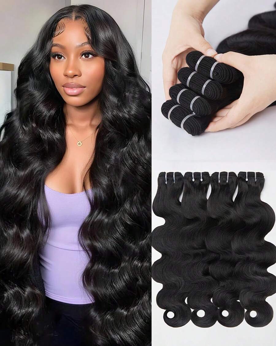 16A Raw Bundles Human Hair Body Wave, 4 Bundles 18 20 22 24 Inch Body Wave Bundles Human Hair, Triple Lifespan Virgin Remy Hair - Natural Black - 查看 1