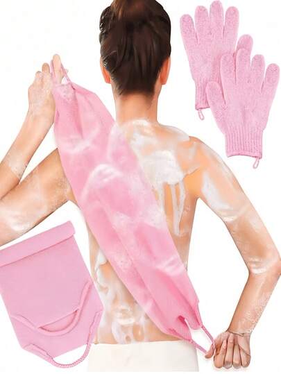 3pcs Exfoliating Gloves And Back Scrubber Set, Exfoliating Bath Gloves, Long Handle Exfoliating Back Scrubber (With Handle), Double-Sided, Ideal Gift For Christmas, New Year, Mother's Day, Graduation