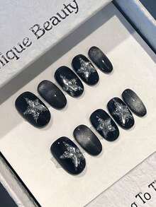10 Pieces Of Short Oval Nails, Cat's Eyes, Flashing Stars, Broken Rhinestones, Embellished With The Vast Stars, Elegant, High-End Wear, Whitening, Fashionable Nail Decoration, Hand Nails, Fake Pieces, Full Coverage Of Nail Art Set, Suitable For Party Dances, Daily Wear For Ladies And Girls, Press-Type Wear, Reusable, With Jelly Glue 1 Piece, Rubbing Strip 1 Piece