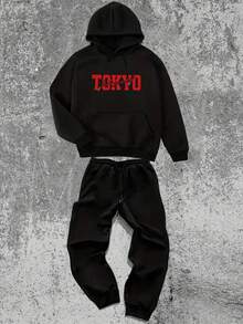 男士时尚印花抽绳连帽宽松休闲卫衣套装 - 黑色 - 查看 2