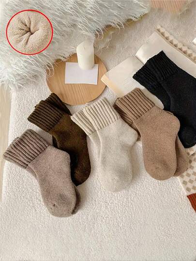 5 Pairs Kids Warm Fleece Soft Comfortable Long Tube Socks, Suitable For Daily Wear And Pairing With Snow Boots, Autumn/Winter