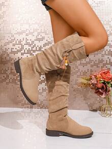 女士西部风格过膝长靴，卡其色时尚过膝长靴，中筒粗跟长靴，褶皱折叠粗跟长靴，圆头休闲/派对棕色流苏踝靴 - 卡其色 - 查看 4