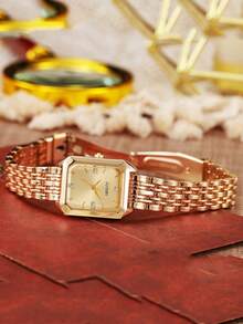 1 件女士时尚方形石英表，简约刻度，高品质镀金商务不锈钢表带石英表，适合生日、周年纪念、万圣节、礼物 - 金色 - 查看 5