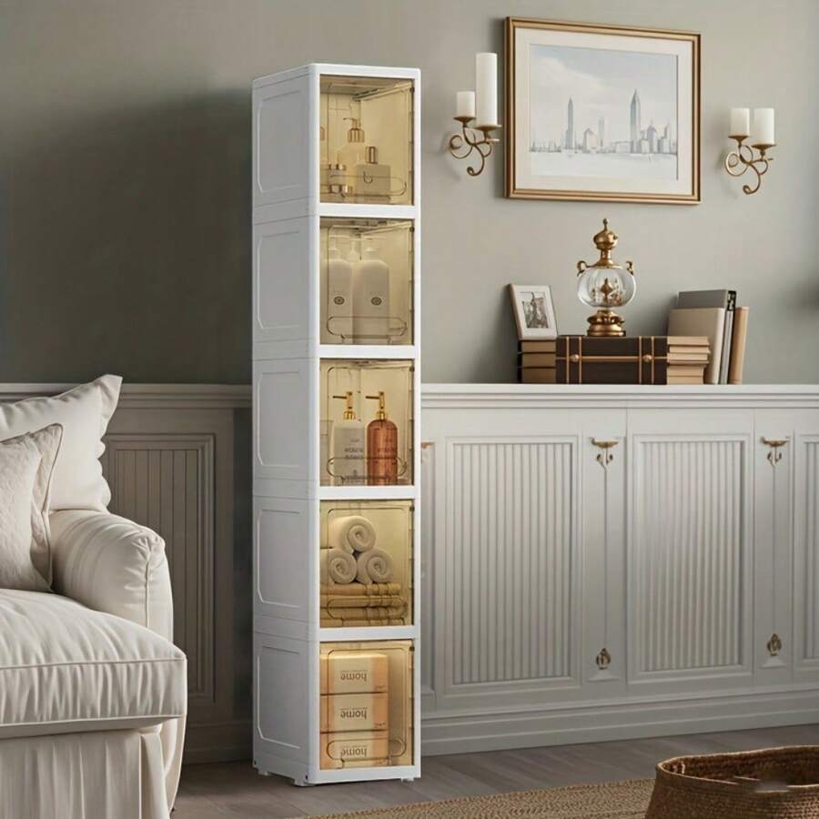 Local Delivery-Space-Saving 9.84" Narrow Plastic Adjustable Flip-Top Cabinet With Rolling Wheels - Transparent Slim Storage Organizer With Drawers & Shelves For Kitchen, Bathroom, Small Spaces - Heavy-Duty Durable Plastic Construction, White & Clear Design, Multi-Purpose Vertical Storage Cabinet For Home, Office, Apartment - Ideal For Books,, S, Seasonal Decor, Narrow Storage Cabinet, Stackable Storage Drawers, Cabinet Storage, Stackable Storage Cabinet, Slim Storage Cabinet - 四 - 查看 1