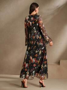 Elegant Women's Midi Arabian Dress With Floral Print Three Quarter Length Sleeves Woven Fabric Non-Stretch