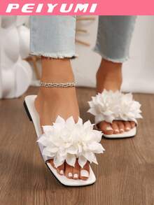 PEIYUMI Dép đế bằng họa tiết hoa độc đáo mùa hè, thời trang & phổ biến, dép xăng đan chống trượt cho nữ, dép xỏ ngón dự tiệc bãi biển, có sẵn màu trắng, đen, đỏ, xanh lá, hồng, hồng, mơ - trắng - Xem 3