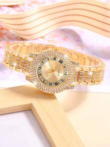 1 Bộ đồng hồ nữ sang trọng đính đá Rhinestone toàn bộ mặt số La Mã thạch anh và mặt dây chuyền hình Đức Mẹ Guadalupe, bộ trang sức hoa tai phù hợp để đeo hàng ngày, mùa tựu trường, mùa tốt nghiệp, lễ Tạ ơn, các cặp đôi, quà tặng tuyệt vời nhất (không bao gồm hộp đựng đồng hồ) - Vàng - Xem 5