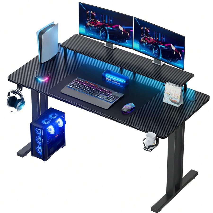 HLDIRECT Gaming Desk With LED Lights & Power Outlet, Computer Gamer Desk With Monitor Stand, Ergonomic Carbon Fiber Gaming Table Home Office Desk With Cup Holder, Headphone Hook & Mouse Pad - Xem 1