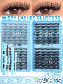 640/200 Cluster Thick False Eyelashes Set, D-Curl Voluminous Fake Lashes, Includes Adhesive, Tweezers And Lash Brush. Large Capacity Design, Beginner-Friendly Professional DIY Segmented False Eyelashes Set, Easily Create Perfect Lashes At Home - Blue - View 13