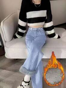 Solid Color Casual Thermal-Lined Denim Jeans With Pockets, Autumn/Winter - Light Wash - View 2