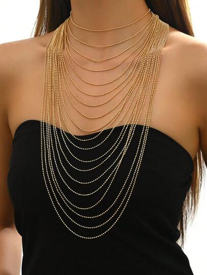 1 pieza Collar con cuentas doradas multicapa y borlas, diseño único de estilo europeo, accesorio de joyería nupcial