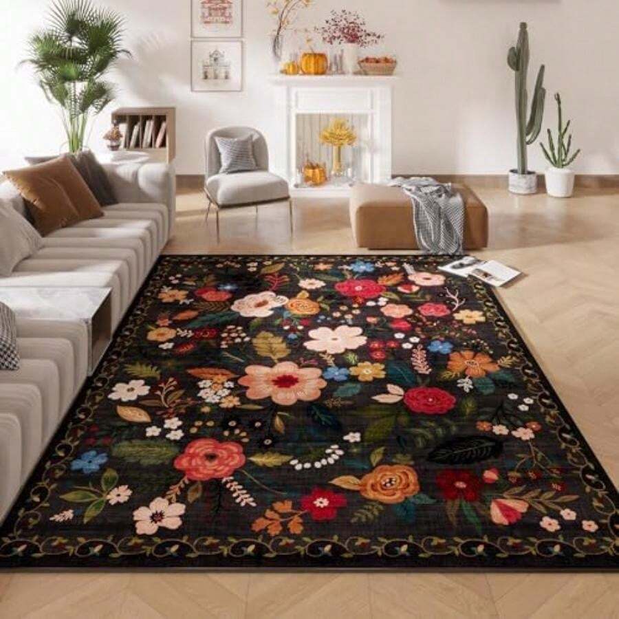 Rugcomf - Alfombra para sala de estar, 6 x 9 pulgadas, lavable a máquina, estilo bohemio, antideslizante, floral, clásico, de pelo bajo, alfombra grande para sala de estar, recámara, granja, comedor,(7' x 5' (Rectangular) Negro -) - Tipo 1 - Ver 1
