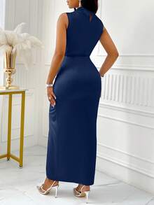 BIUBIU 女士优雅通勤纯色缎面垂褶前襟上衣和褶裥高开衩鱼尾裙套装 - 藏蓝色 - 查看 6