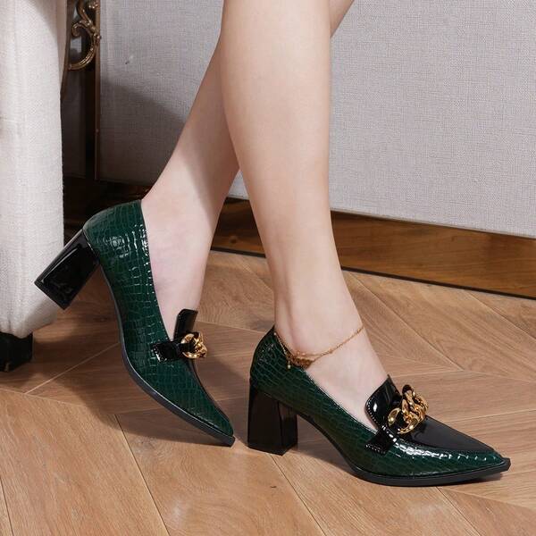 Women's Fashion Versatile Pointed Toe High Heel Pumps, Chunky Heel, Deep Vamp, Metallic Accent, Suitable For Party