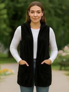 Chaleco largo con capucha y bolsillos para mujer,  cómodo y elegante. - Negro - Ver 1