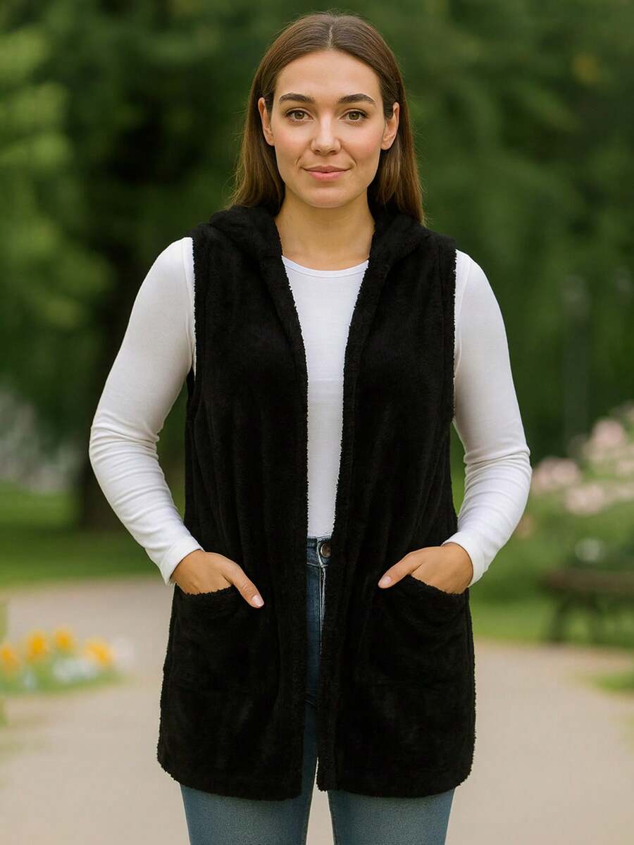 Chaleco largo con capucha y bolsillos para mujer,  cómodo y elegante. - Negro - Ver 1