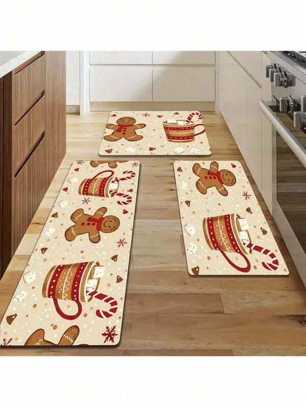 Tapete decorativo de Natal com estampa de boneco de gengibre e xícara de café (1 peça). Ideal para cozinha, tapete de entrada, tapete pequeno, passadeira, tapete de chão, decoração de casa, tapete para área externa, tapete para quarto e muito mais. Lavável.