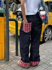 Plaid Splicing Crimped Jeans Men's Autumn New Wide-Leg Straight Loose High-End Couple Long Pants - màu đen - Xem 1