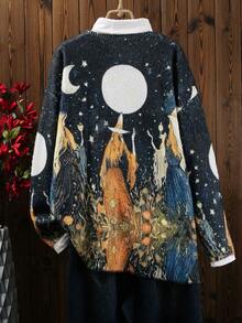 Plus Size Women Cardigan, Elegant Star & Moon Print Loose Casual Commuter Sweater