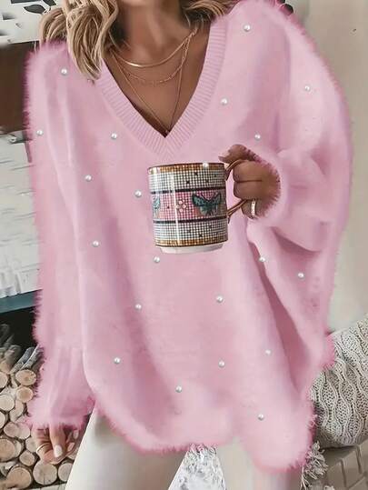 Plus Size V-ringad pärlutsmyckad tröja, Casual, höst/vinter