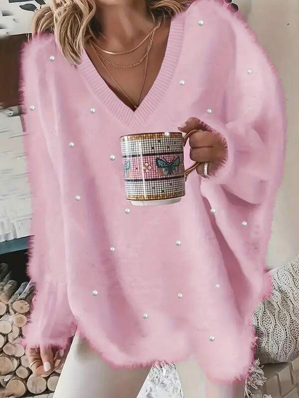 Plus Size V-Neck Pearl Embellished Sweater, Casual, Autumn/Winter