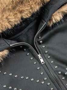 Streetwear Stil Hoodie Sweatshirt mit Nieten und Britischer Flagge, lässige College Jacke in Oversize - Schwarz - Übersicht 5