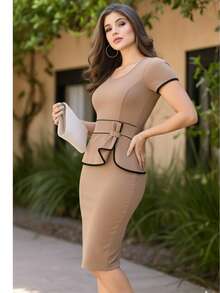 Women's Plus Size Midi Sheath Dress With Bow, Evangelical, Youthful, Gold Line, Cheap, On . - 鏽棕色 - 查看 4