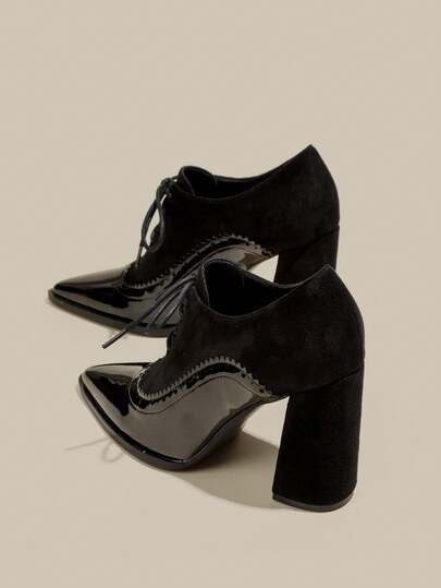 2025年春季新款女士尖头系带粗跟高跟鞋，优雅简约时尚鞋履，黑色系带布洛克牛津高跟鞋