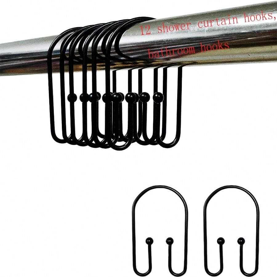 12pcs Black Rust-Proof Double-Sided Shower Curtain Hooks, Smooth Sliding Shower Curtain Rings For Bathroom - Black - View 1