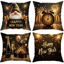 4pcs New Year's Day Throw Pillow Covers - Black & Golden Festive Champagne & Fireworks Design, Like Texture Cases With Zipper Closure, For Sofa Bed Living Room Decor, Chinese New Year Party (No Pillow Cover - Multicolor - View 12