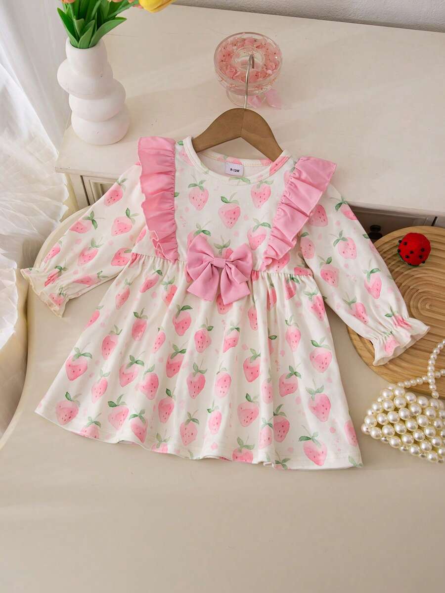 1pc Baby Girls' Fashionable Cute Contrast Color Print Dress With Bow Lace Decor, Soft & Comfortable - Casual Holiday Style, Suitable For Baby Girls' Daily, Outdoor Activities, Parties, Gatherings, Nursery And Various Occasions In Spring And Autumn - Apricot - View 1
