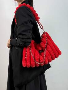 1 pieza Bolso de mano de piel de conejo para mujer, otoño/invierno, de alta calidad con cremallera y bolso grande, correa desmontable, disponible en burdeos, marrón, rosa, negro con efecto tie-dye, adecuado para mujeres y niñas, se puede usar como bandolera o al hombro - Rojo - Ver 8