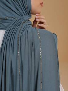 1 Khăn trùm đầu mềm mại bằng vải thun trơn dành cho nữ, trang trí bằng đá giả, khăn dài thường ngày phong cách Ả Rập, màu trơn bảo thủ, thích hợp sử dụng hàng ngày - Màu xanh Ô liu - Xem 6