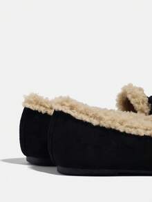 女士时尚平底乐福鞋，2025冬季新款黑色方头蝴蝶结毛绒鞋，保暖套脚平底鞋 - 黑色 - 查看 8