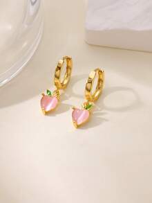 Cute Pink Cubic Zirconia Cherry Shaped Gold Earrings, 18K Gold Plated Silver Anti-Fade Earrings, Suitable For Weddings, Parties, Vacations And Other Occasions, Also Can Be Given As A Commemorative Gift To Best Friends For Daily Wear. - Stainless Steel - View 15