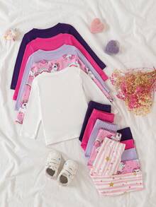 Conjunto de 10 piezas de top de manga larga y pantalones casuales para niñas bebé en otoño, camiseta de cuello redondo con estampado de unicornio de dibujos animados, pantalones de pierna recta con cintura elástica, adecuado para uso diario tanto en interiores como en exteriores - Multicolor - Ver 2