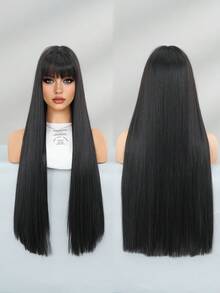 Elegant-30 Inch Black Wigs For Women, Long Straight Wigs With Bangs, High Quality Soft Synthetic Fiber Wigs For Women Daily Wear, Festival Ready Party Use, Perfect Gift - Beginners Glueless Wig Accessories - 黑色 - 查看 2