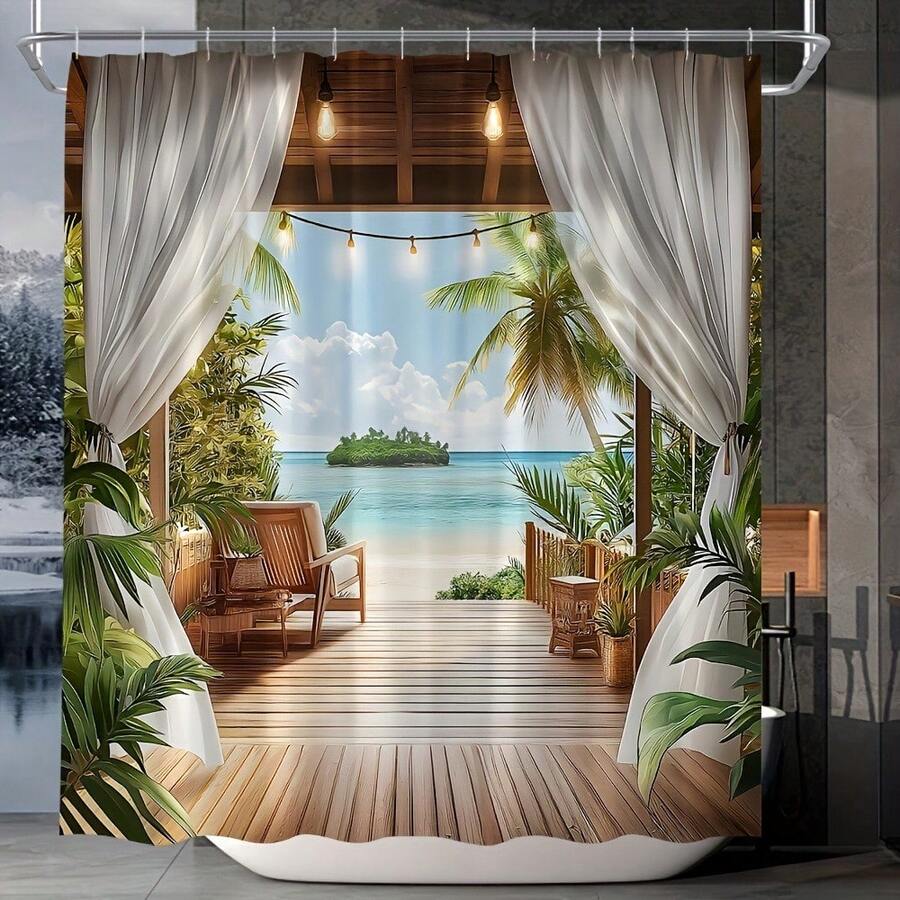 1pc Tropical Beach Cabana Scenery Shower Curtain With Palm Trees, Blue Sky And Island View Polyester Fabric With 12 Hooks, 60x72 Inch, Stylish Bathroom Decor For Modern Homes, Shower Privacy | Artistic Design | Smooth Texture - 彩色 - 查看 1
