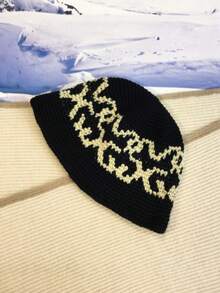 1 件男女通用黑色手工编织提花保暖无檐便帽，个性渔夫帽，清新韩版风格，情侣百搭渔夫帽，适合秋冬