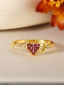 1pc Personalized Angel Devil Heart Eternal Wedding Ring, Copper Material Luxury Inlaid Red Synthetic Cubic Zirconia, Luxury Adult Jewelry, Mother's Day Gift, Halloween, Easter, Anniversary Birthday Gift