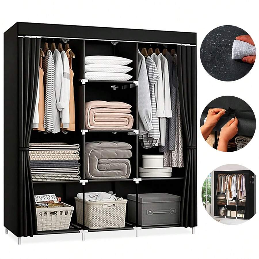 Guarda Roupas Armário Dobrável Organizador Multiuso Preto - Preto - Visão 1