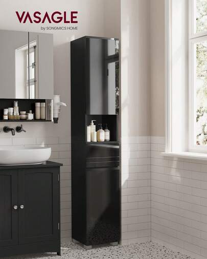 Tall Bathroom Cabinet, Slim Freestanding Bathroom Storage Cabinet With A Drawer, Adjustable Shelves, Open Compartment, For Small Spaces, Ink Black UBBC560B01